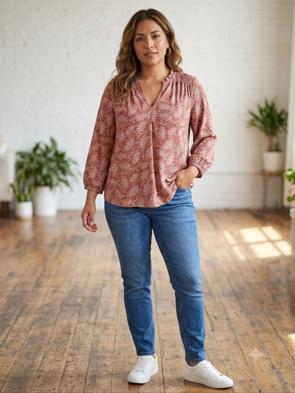 Collection B Rust Floral V-Neck Peasant Blouse